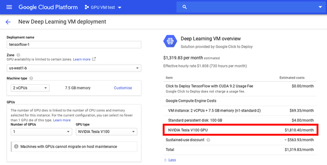 Screenshot of Tesla V100 GPU instance on GCP