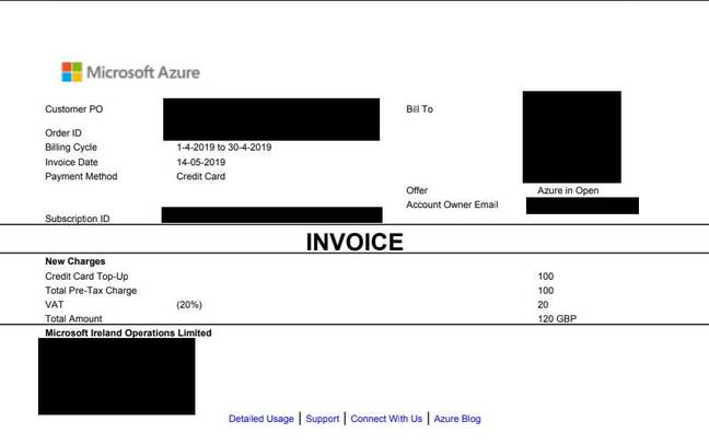 An Azure in Open invoice as attached to each email