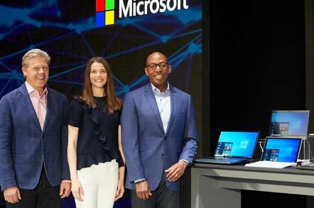 Microsoft execs Nick Parker, Roanne Sones and Rodney Clark on stage at Computex 2019 in Taipei