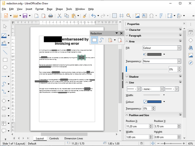 Redacting a document in LibreOffice 6.3