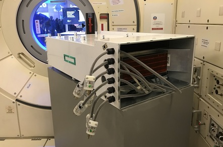 A prototype of the Spaceborne Computer in a mock-up of the ISS (pic: Hewlett Packard Enterprise)