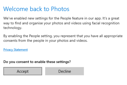 Windows 10 users are being asked to assert that they have obtained consent from people in their photos