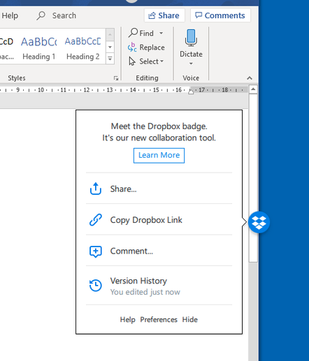 The Dropbox 'badge' that appears in Office documents