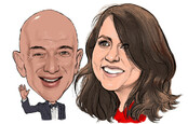 Caricature of Amazon CEO Jeff Bezos and ex-wife MacKenzie