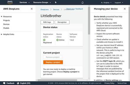 DeepLens ready to go in the AWS console