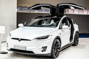 metallic white Tesla Model X at Brussels Motor Show