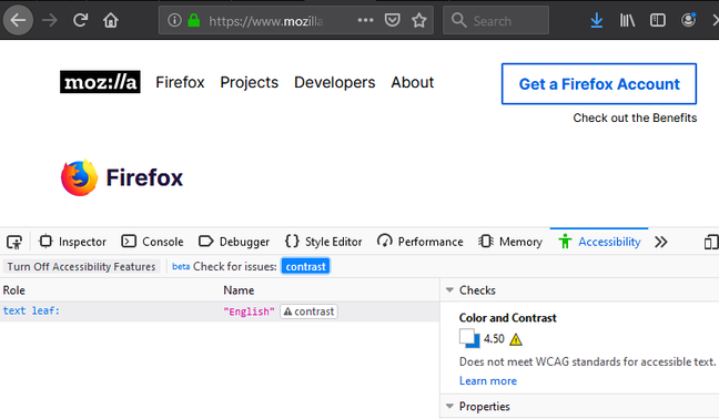 Firefox 68 checks contrast against accessibility guidelines