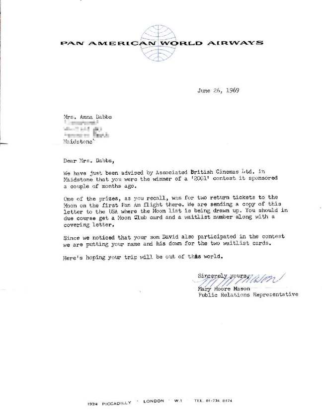 Pan Am ticket to the moon - letter 1969-06-26