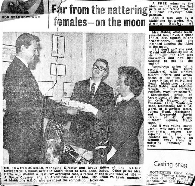 Kent Messenger press cutting of my Mum accepting the top prize in the '2001: A Space Odyssey' competition, 1969