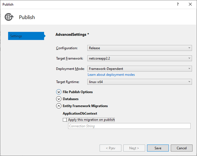 Publish settings for an ASP.NET Core application