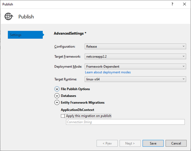 Publish settings for an ASP.NET Core application Publish settings for an ASP.NET Core application