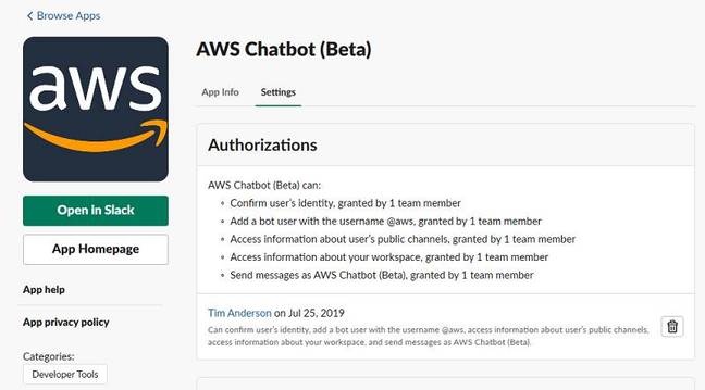 AWS Chatbot includes a Slack app that can send messages