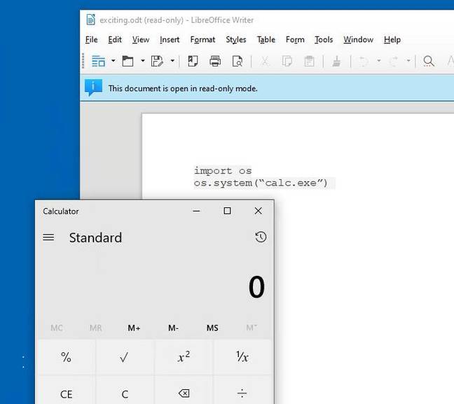 LibreOffice running Calc on Windows 10, without any prompt.