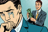 man cries while vendor counts his money (humorous cartoon illustration)