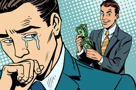 man cries while vendor counts his money (humorous cartoon illustration)