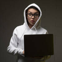 Someone in a white hoodie holding a laptop