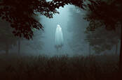 Ghostly figure hovering in a wooded glen