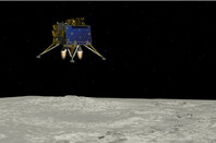 Artist depiction of vikram lander descending from the Chandrayaan 2 lunar mission from India. The Vikram lander descending onto the Lunar surface - Illustration
