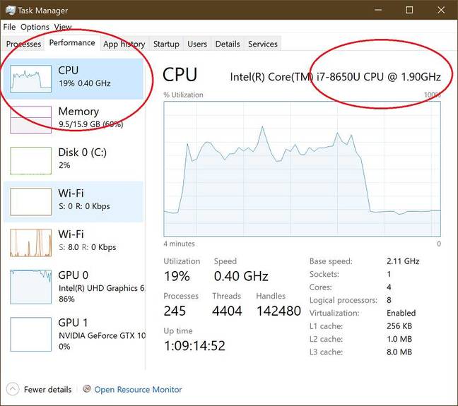 This Surface Book 2 should run at 1.9GHz, but here is dawdling at 400MHz