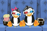 penguin couple eats popcorn in cinema