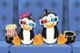 penguin couple eats popcorn in cinema