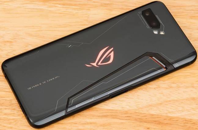 The rear of the ROG Phone 2, showing its unusual sword-shaped cooling fin