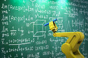 A robot writing math on a chalkboard