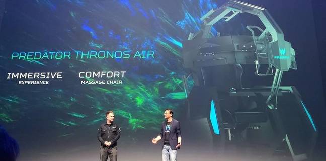 The Acer Thronos Air gaming chair presented on stage by CEO Jason Chen