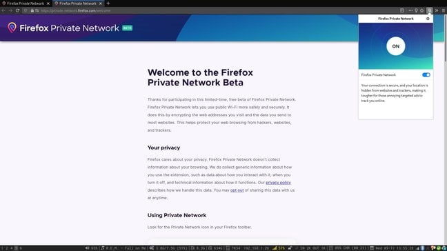Turning on Test Pilot Firefox's VPN-like feature