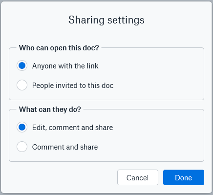 A Dropbox Paper document is shared read/write by default