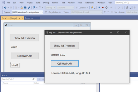 A Windows Forms app running on .NET Core and calling the UWP API