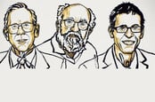 Artist illustrations of the Nobel Physics Prize winners. Left to right: James Peebles, Michel Mayor, and Didier Queloz. Image credit: Ill. Niklas Elmedhed and Nobel Media.