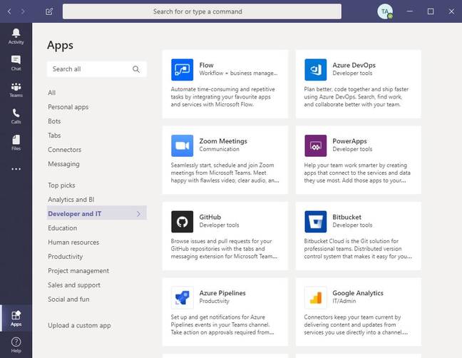 Apps in Teams give access to external services such as GitHub or Google Analytics