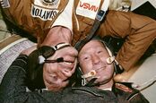 Astronaut Donald Slayton and cosmonaut Alexei Leonov together in the Soyuz Orbital, 1975