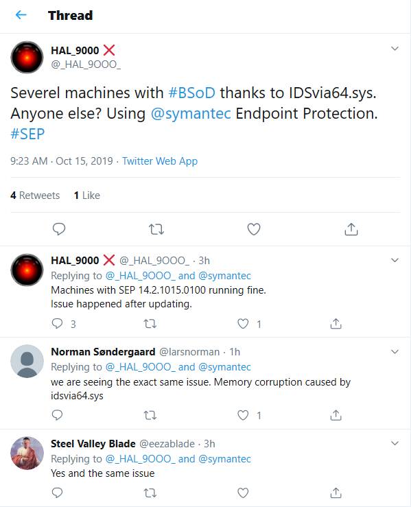 Symantec Endpoint Defense powodujący niebieski ekran