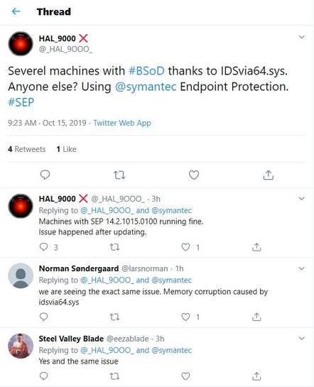 Users tweeting about BSOD issues with Symantec's security software