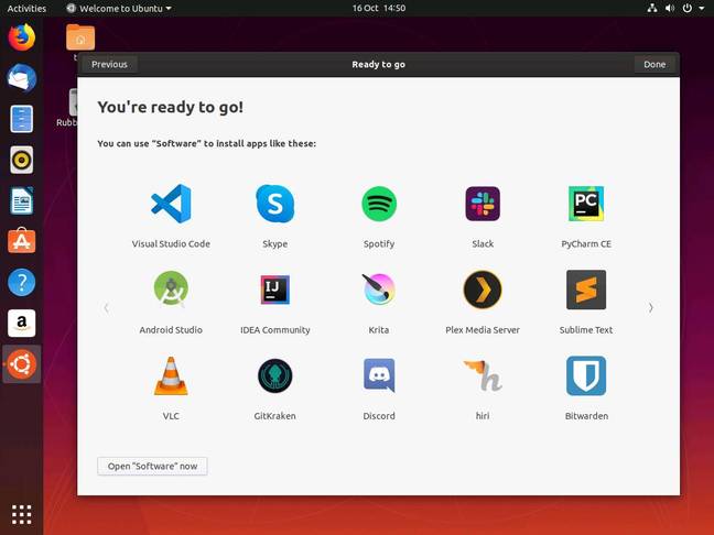 Ubuntul 19.10 desktop showing popular applications