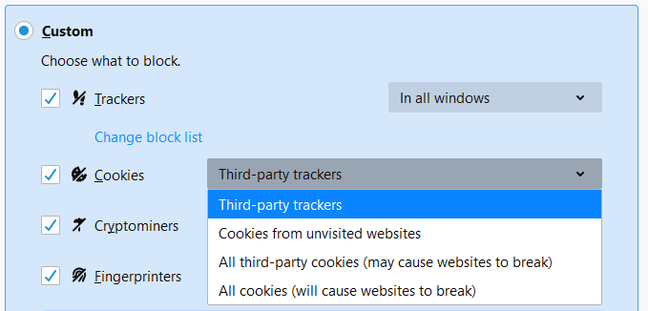 Firefox offers specific blocking of tracking cookies, and warns against blocking all third-party cookies