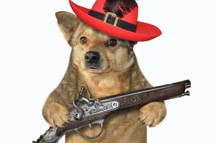 Dog in hat with pistol