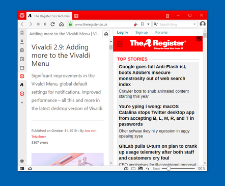 The Vivaldi web browser showing the web panel feature