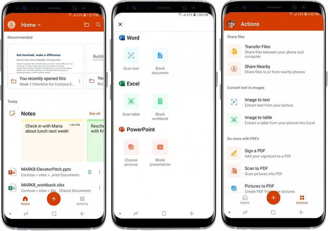 The new Office app showing the home screen, the new document dialog, and the Actions screen