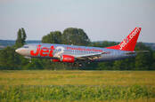 Plane operated by Jet2.com (low-cost airline based in Leeds) takes off at Budapest Liszt Ferenc Airport, 2015. 
