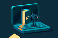 Cartoon of someone stealing data from a computer