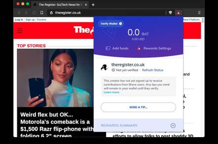 The Brave browser lets you send a cryptocurrency tip to websites you like