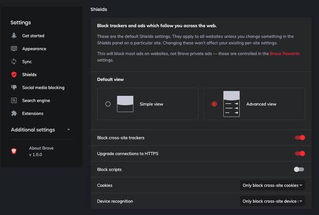 Brave settings for the Shields privacy feature