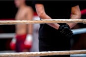 Boxing ring ropes and referee in black clothes