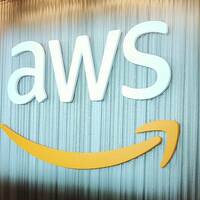 The AWS logo displayed at re:Invent in Las Vegas