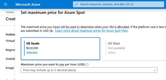 Current prices for UK spot VMs - note that they vary constantly