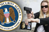 An FBI agent with the NSA logo