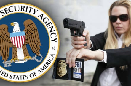 An FBI agent with the NSA logo